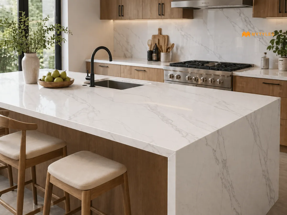 White Statuario Line Marble Tile in Kitchen